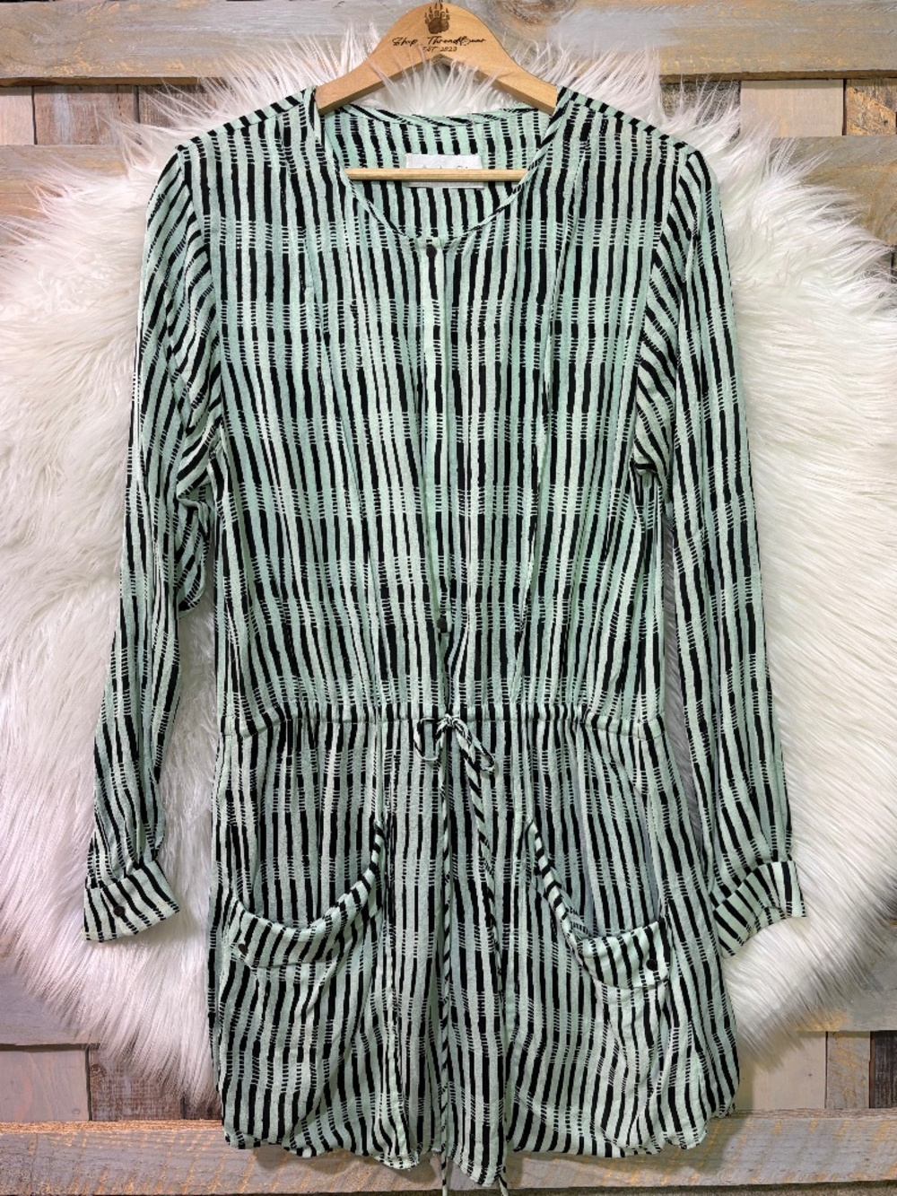 100% Silk [A.L.C] Seafoam Green Long Sleeve Striped Mini Dress + Pockets | Small